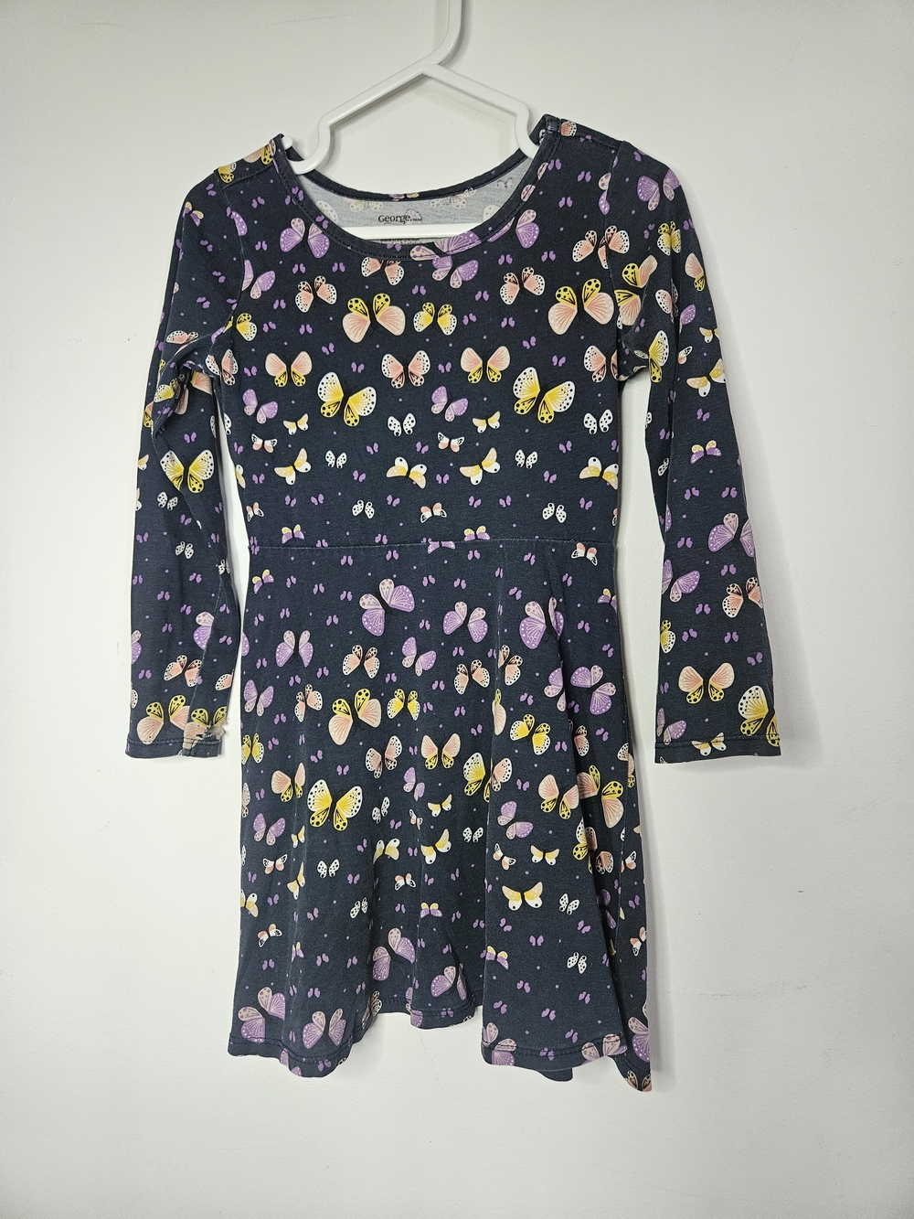 GEORGE Girls Long Sleeve Butterfly Print Cotton Dress Size 4 5T Black Casual🩷